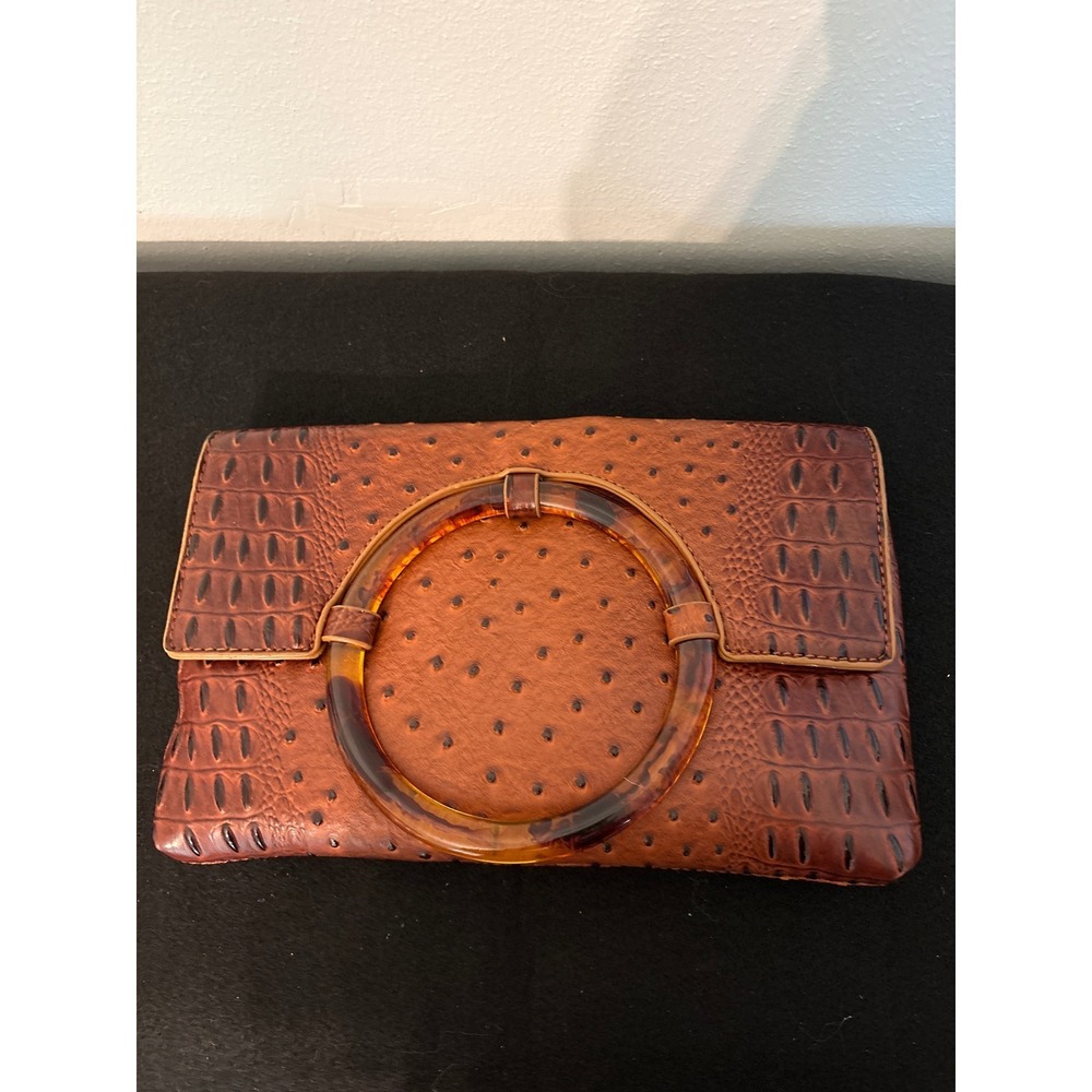 Unbranded Ostrich Croc Embossed Clutch Women Medium Brown Excellent Ring Handle